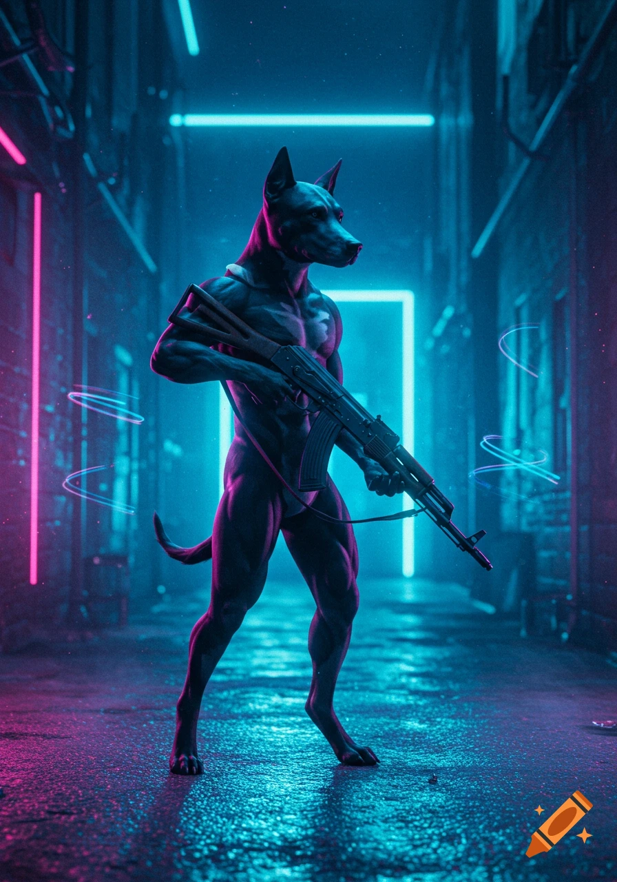 Muscular Doberman-like anthropomorphic dog holding an AK-47 in a dark, neon-lit cyberpunk alleyway.