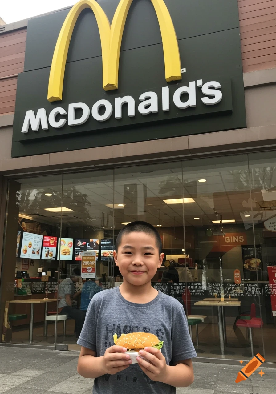 Smiling boy with a buzz cut holds a burger in front of a McDonald's restaurant, photorealistic.
