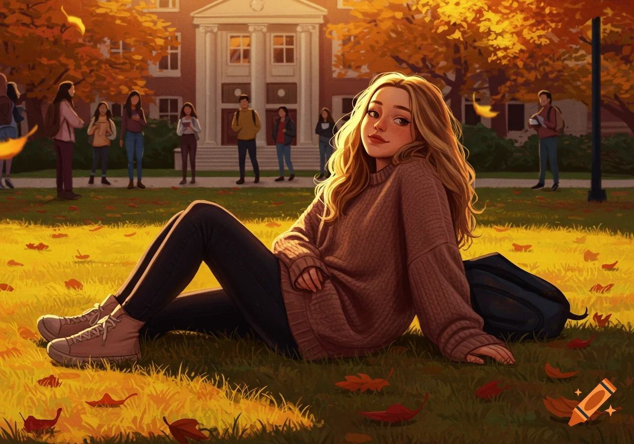 An illustrated young woman in a brown sweater sits on a grassy college campus lawn covered in autumn leaves, smiling.