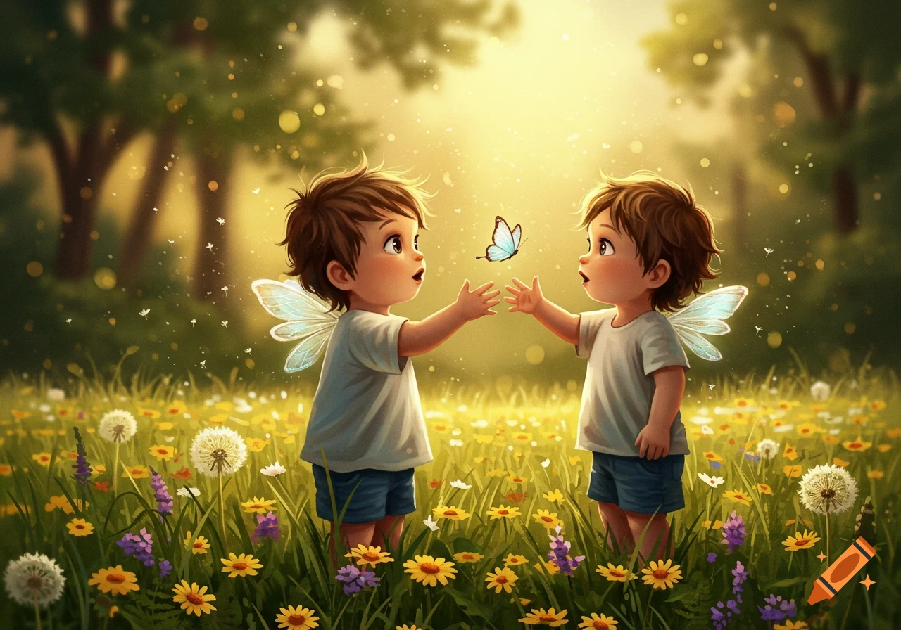 Two whimsical fairy children with wings reaching for a blue butterfly in a vibrant field of wildflowers, golden light filtering through trees.