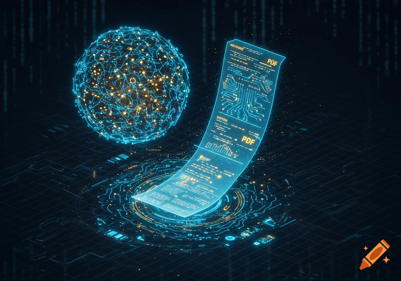 A glowing digital PDF document and abstract data sphere connected by lines on a dark, futuristic circuit board background.