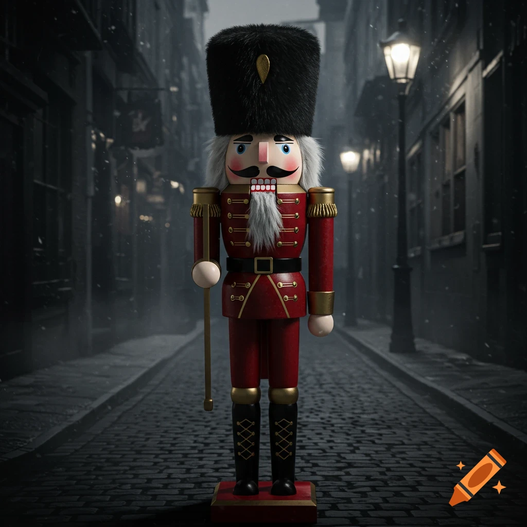 A traditional nutcracker soldier stands at attention on a cobblestone street in a snowy, dark film noir style.