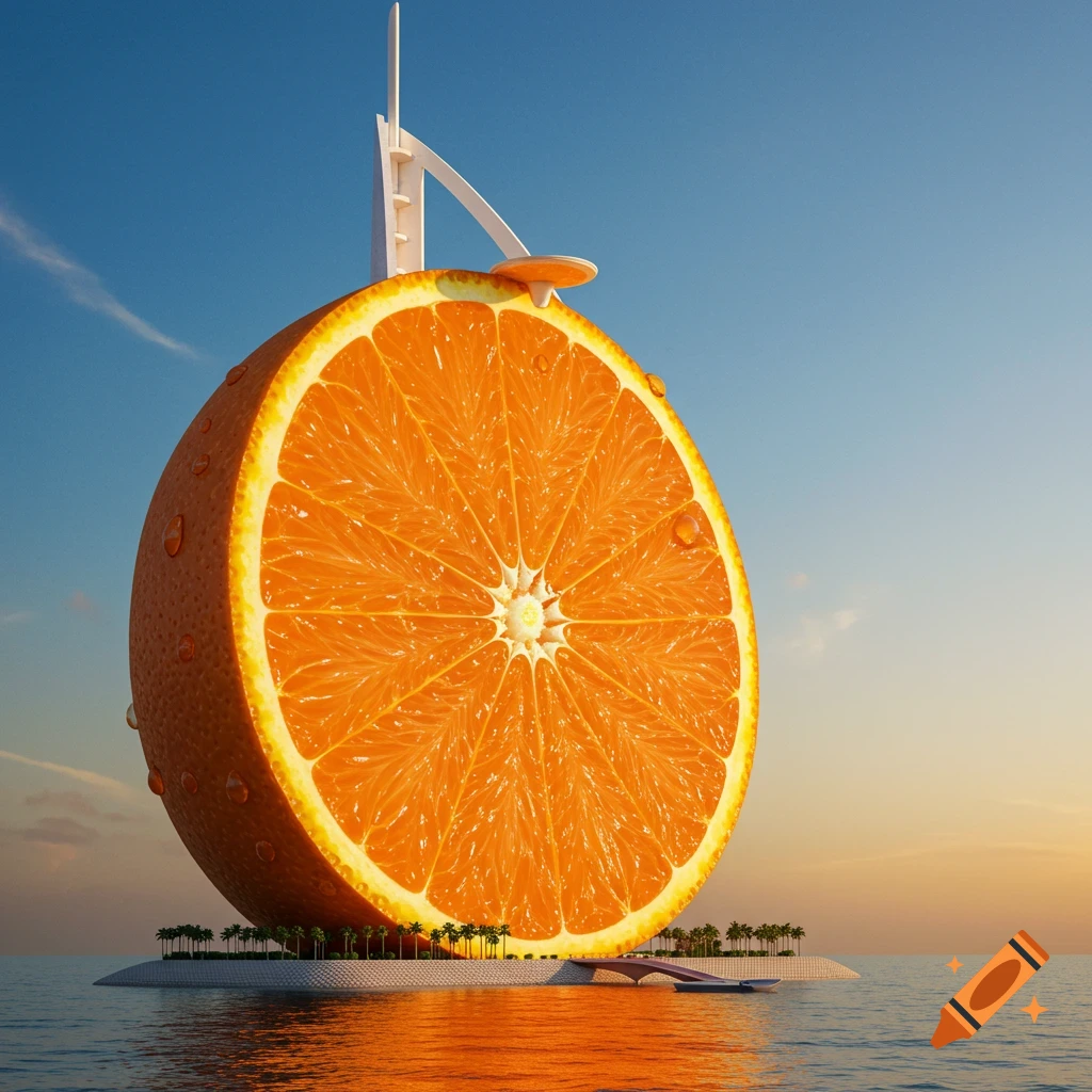 A giant, photorealistic cross-section of an orange resembles the Burj Al Arab hotel, standing on a small island in the ocean at sunset.