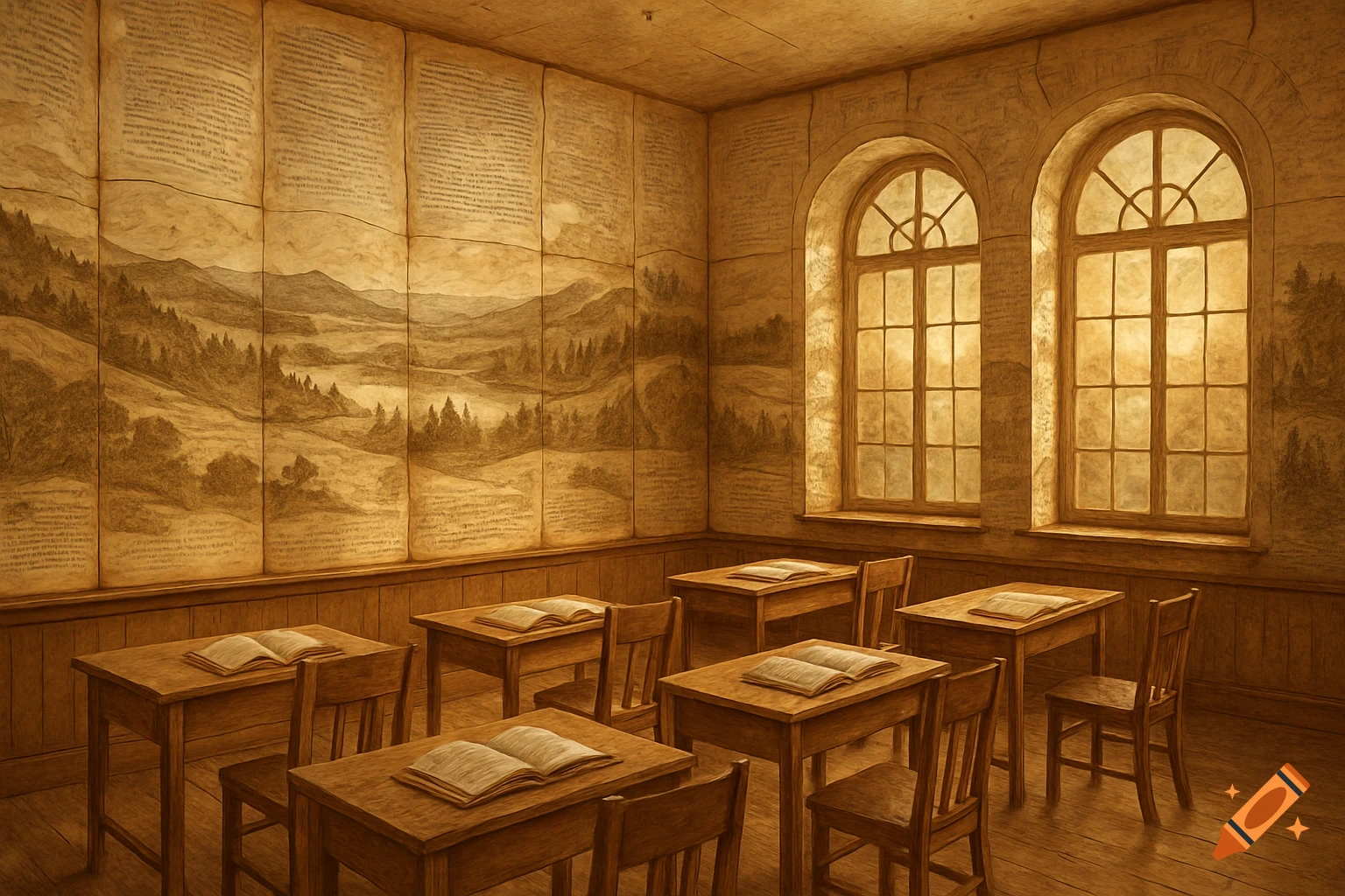 A sepia-toned drawing of a classroom with wooden desks, chairs, and walls covered in landscape drawings and text, lit by arched windows.