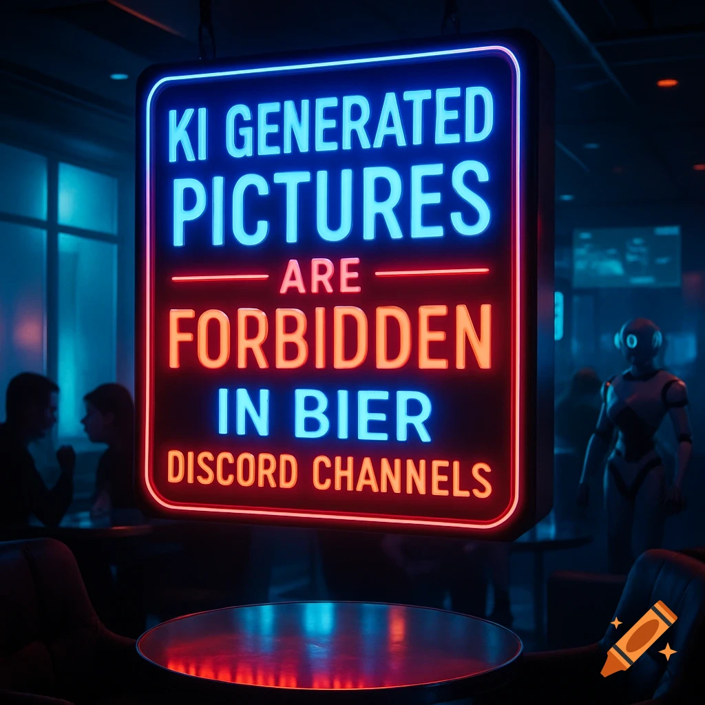 A neon sign in a dark bar reads 'KI GENERATED PICTURES ARE FORBIDDEN IN BIER DISCORD CHANNELS', with people and a robot in the background.