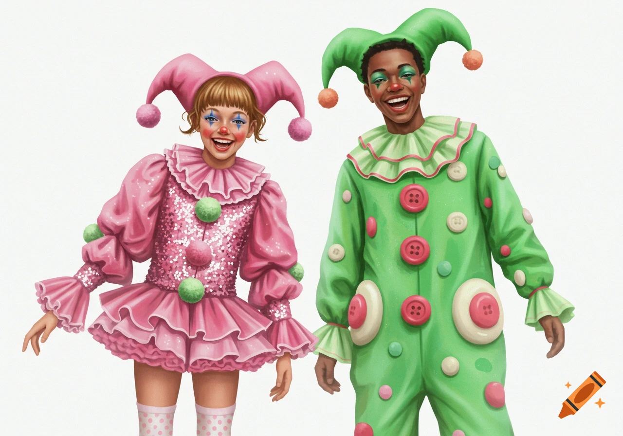 A smiling girl in a pink clown costume and a guy in a green clown costume, both wearing jester hats, stand in a white space.