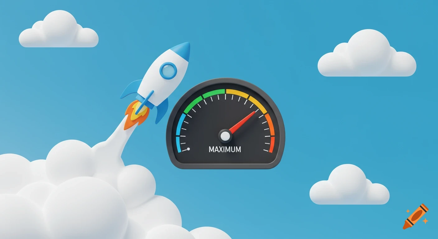 3D stylized rocket launching through white clouds with a gauge reading MAXIMUM against a blue sky, symbolizing performance.
