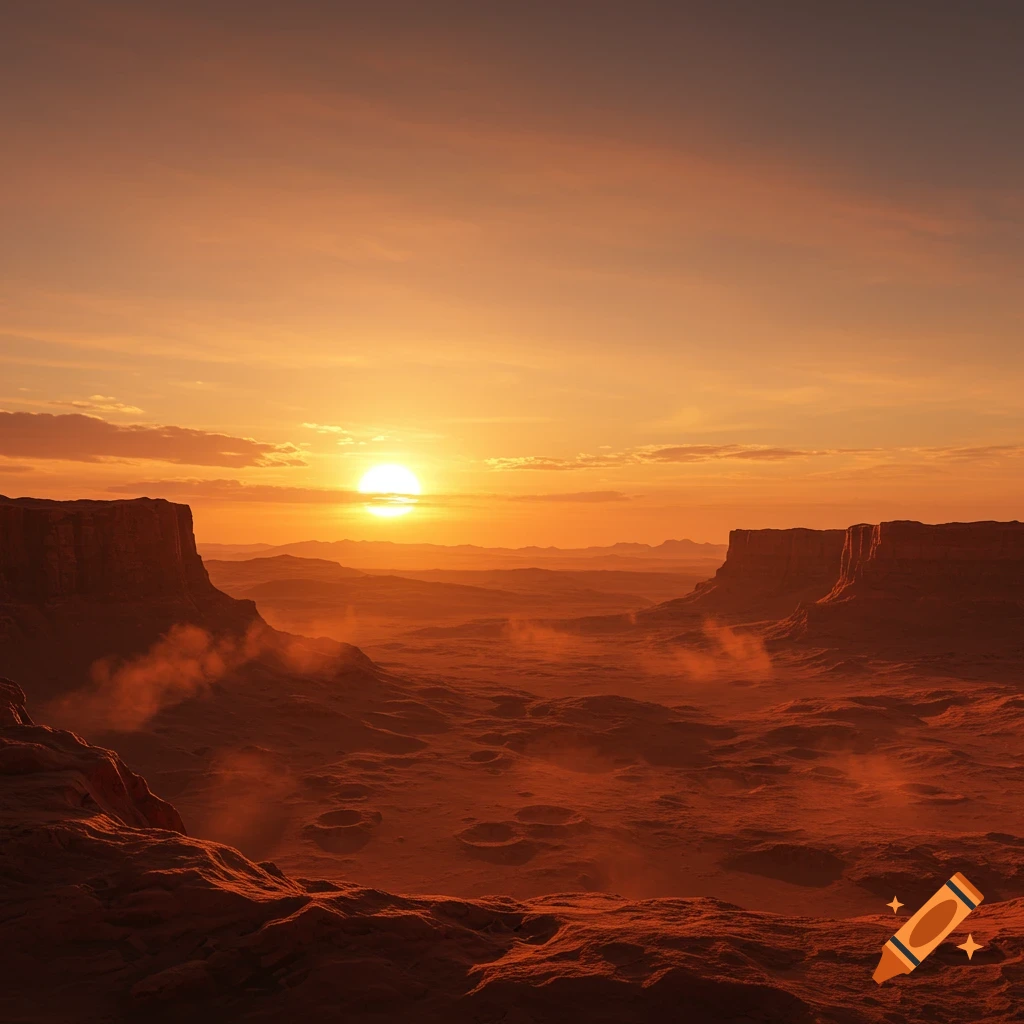 Photorealistic Martian landscape at sunset with a bright orange sun over reddish rocky terrain and distant mesas.
