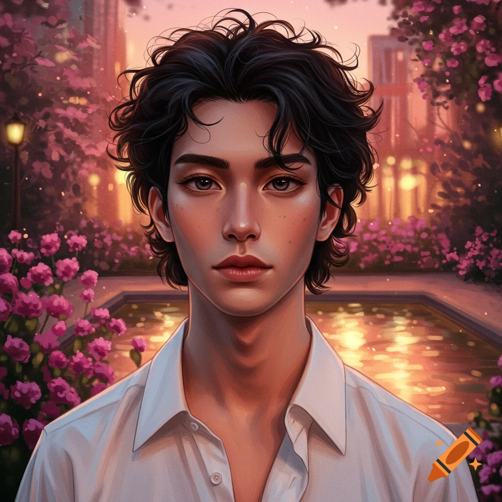 A stylized digital art portrait of a young man with dark curly hair and soft features, wearing a white shirt, in a lush garden with pink flowers and city lights at twilight.