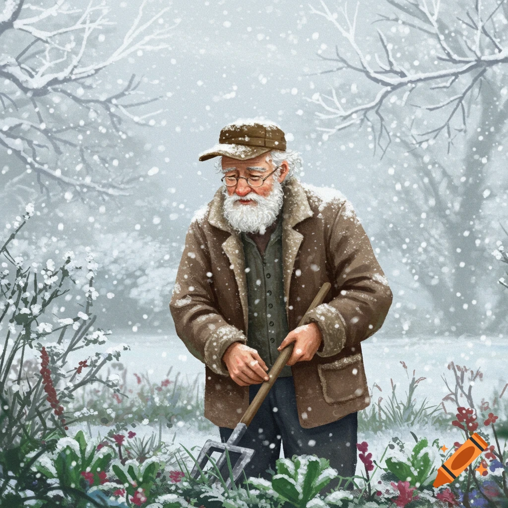 An old, bearded gardener in a brown coat and cap tends to snow-covered plants with a spade in a snowy landscape.