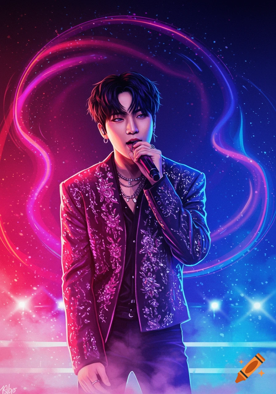 Stylized illustration of a K-pop male singer in a glittering jacket, holding a microphone on a vibrant, neon-lit stage.