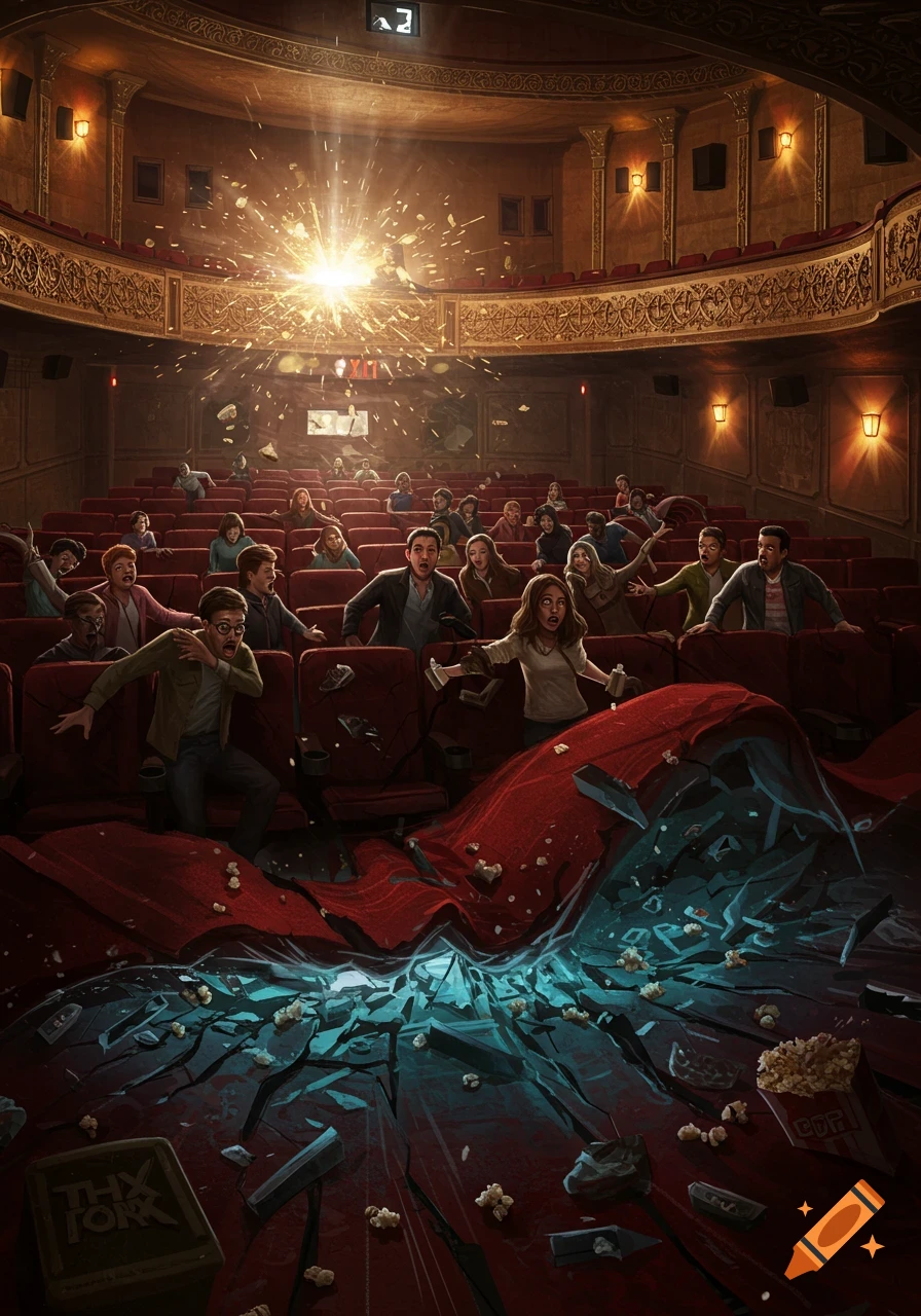 An old movie theater audience reacting in panic as the theater seats and floor collapse and explode from the sound.