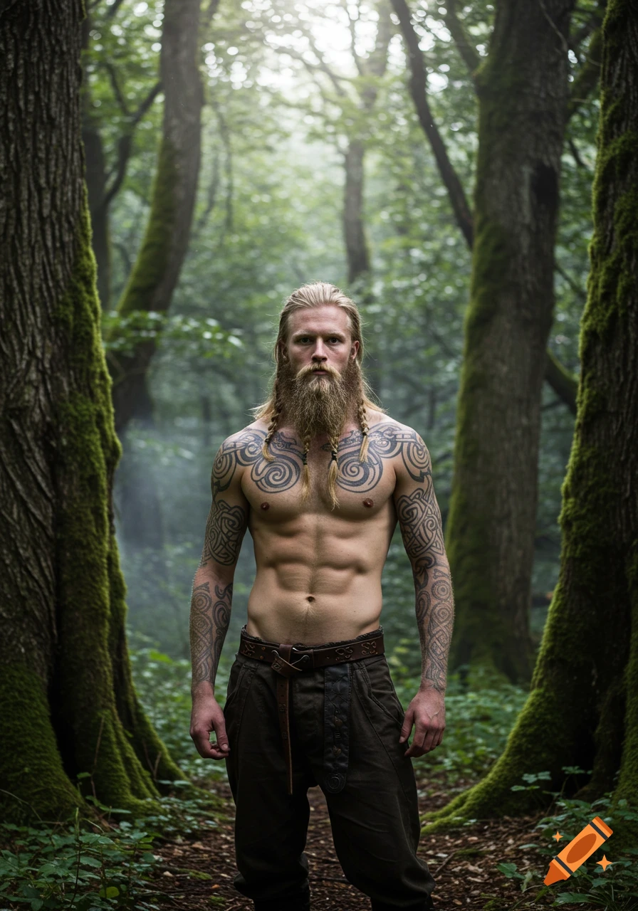 A photorealistic, muscular Viking man with a long blonde beard, braids, and tattoos, stands shirtless in a lush forest.