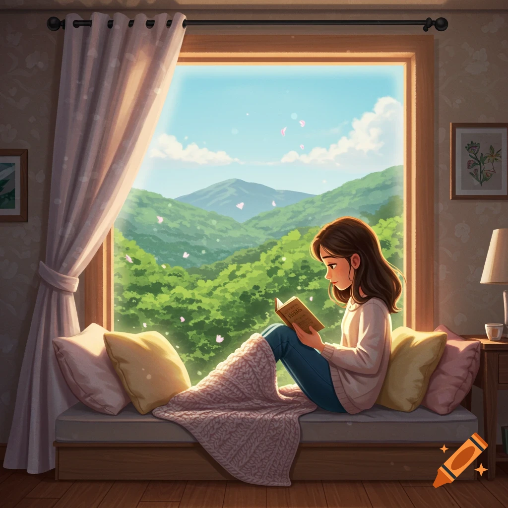 A young woman reads a book by a window overlooking green mountains, in a Pixar style illustration.