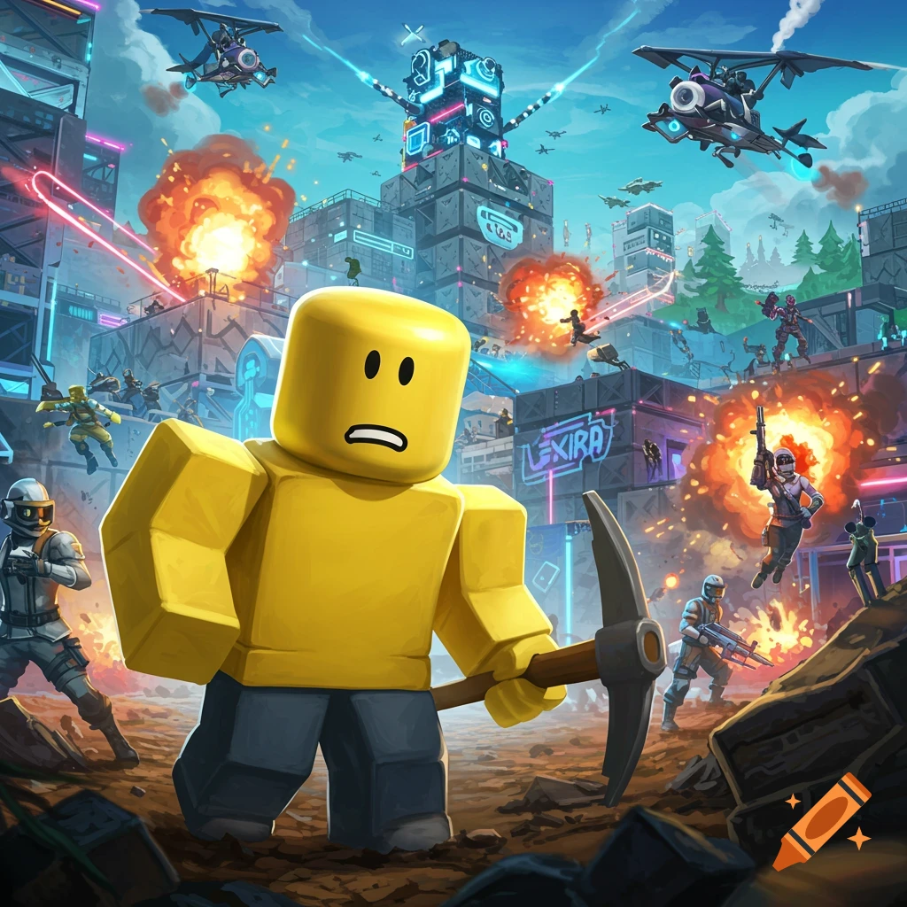 A large Roblox noob character with a pickaxe stands in the foreground of an action-packed Fortnite-like battle scene with explosions.