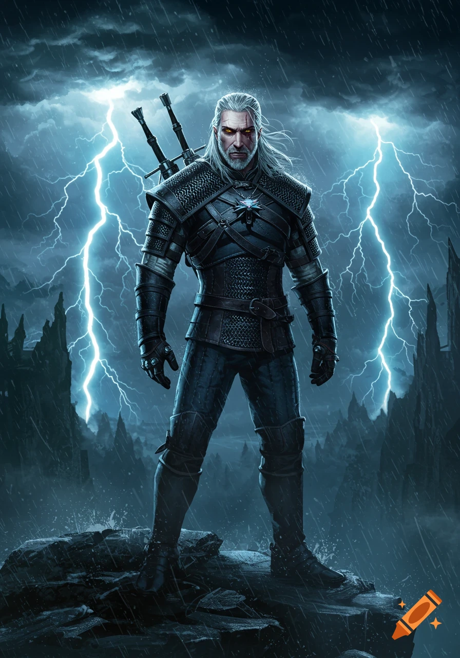 Geralt of Rivia in dark armor stands on a rock under a stormy sky with lightning and rain.