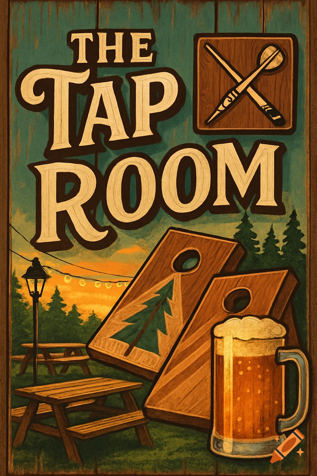 Rustic illustration of a bar sign for 'The Tap Room,' featuring beer, cornhole, darts, picnic tables, and a sunset outdoor scene.