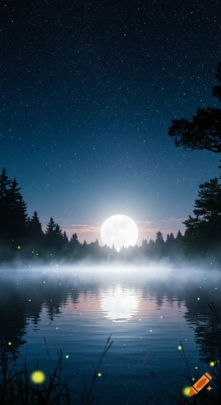 Full moon over a misty lake reflecting a dark forest and starry night sky, with glowing fireflies.