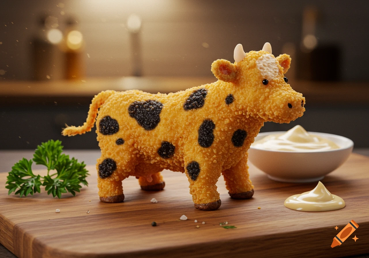 A crispy, orange-yellow chicken tender shaped like a spotted cow, on a wooden board with parsley and white dipping sauce in a kitchen.