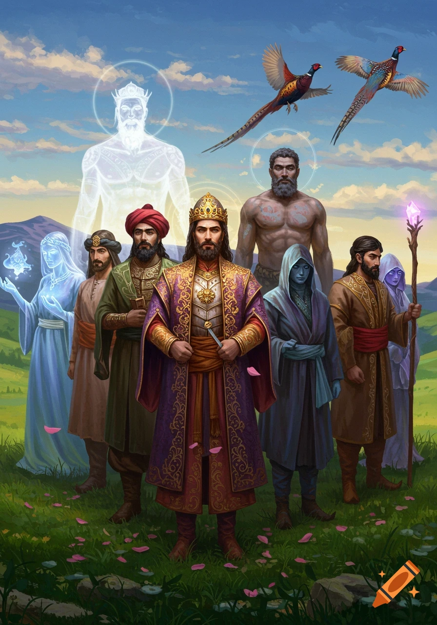 A fantasy illustration of diverse mythical figures including a king and ethereal beings, gathered in a green landscape with flying pheasants.