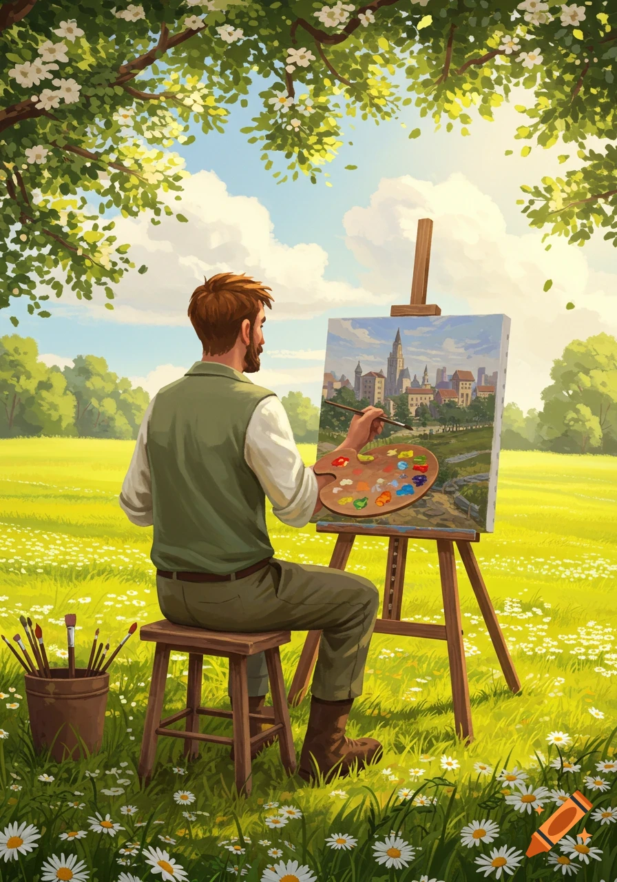 A bearded man paints a city scene on an easel in a sunny, daisy-filled meadow under a blooming tree, digital art.