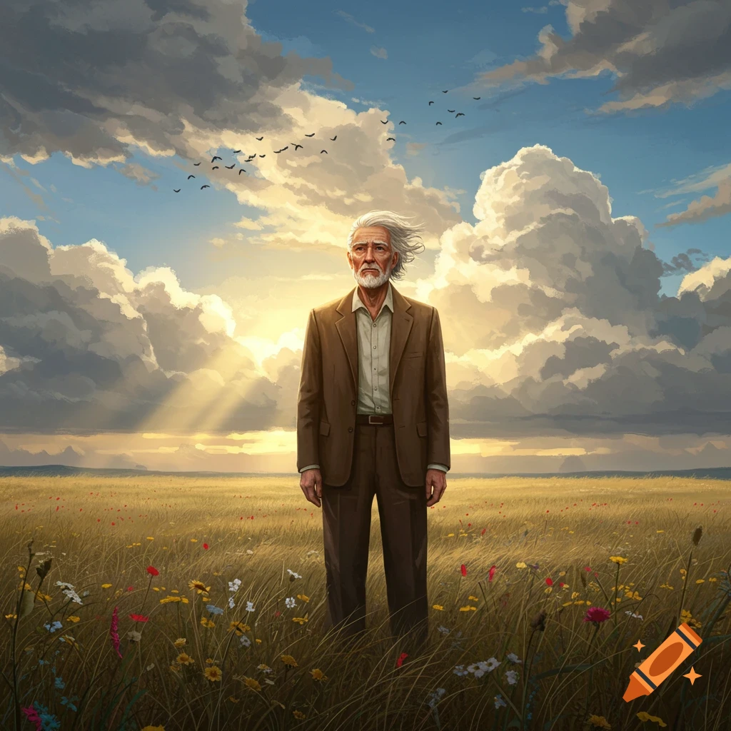 An old man with white hair and beard in a brown suit stands in a golden field with wildflowers under a dramatic cloudy sky, sun rays, and birds.