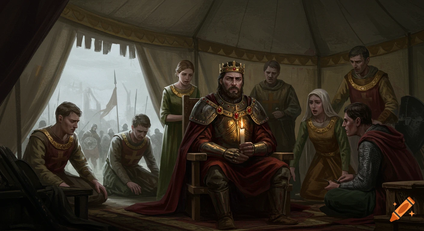 Digital painting of a king with a lit candle listening to kneeling nobles in a war tent.