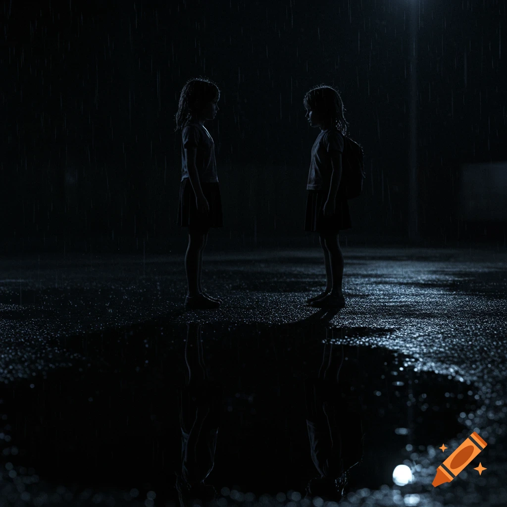 Two young girls in silhouette stand face-to-face in a shimmering puddle on a dark, rainy night.