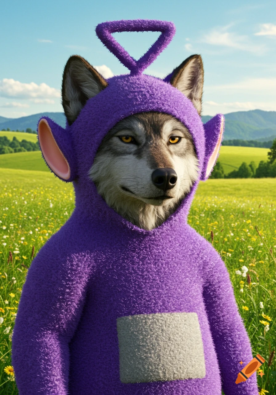 A photorealistic, annoyed wolf in a purple Teletubbie costume, featuring a triangular antenna and grey belly, stands in a sunny wildflower field.