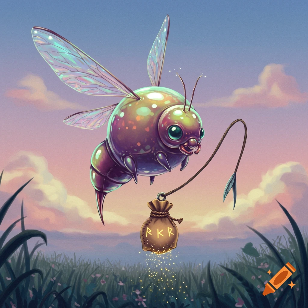 A plump, purple-green fantasy insect with iridescent wings flies over a grassy field, holding a glowing sack with runes.