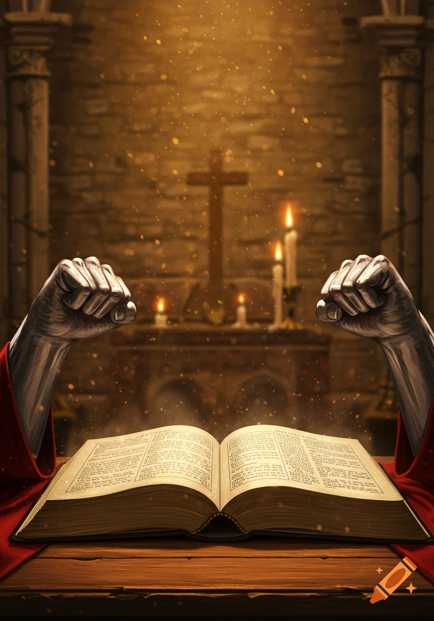 An open bible with two metallic clenched fists over it, on a wooden table in a dimly lit, spiritual setting with a cross and candles in the background.