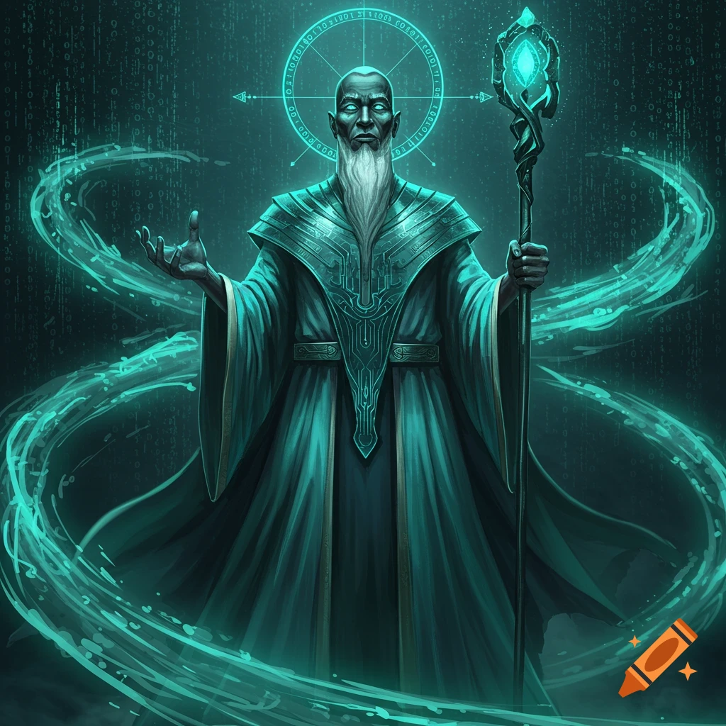 A wise, bald man with a white beard and glowing eyes wears a teal, circuit-patterned robe, holding a staff. Swirling data and a binary halo surround him.