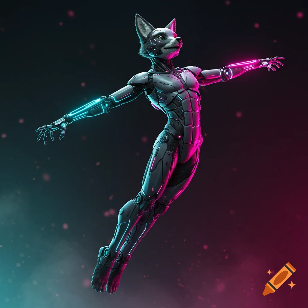 A futuristic fox-like furry character in a cyberpunk robotic suit, glowing with neon lights, floats in a dynamic pose against a dark background.