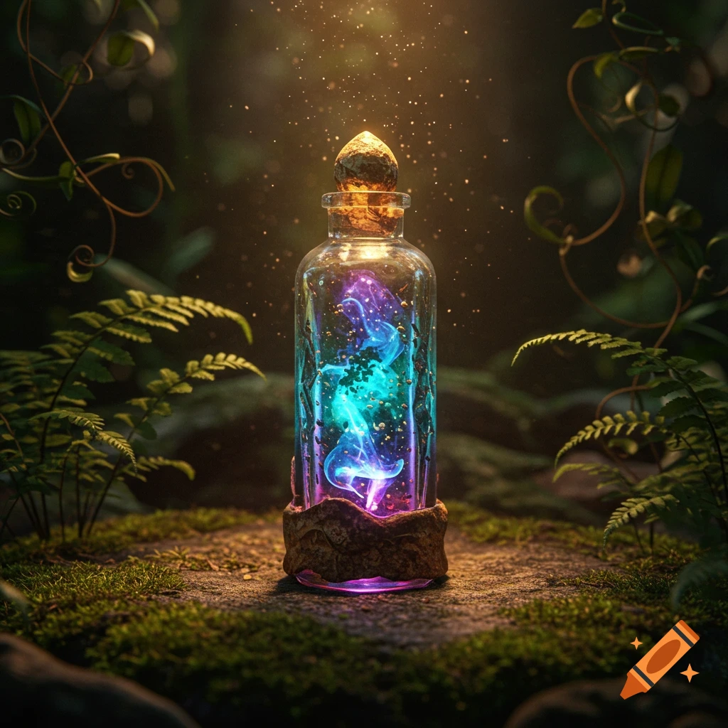 A glowing, mystical elixir in a crystal vial with a cork stopper, set on mossy ground in a dark, ethereal forest.