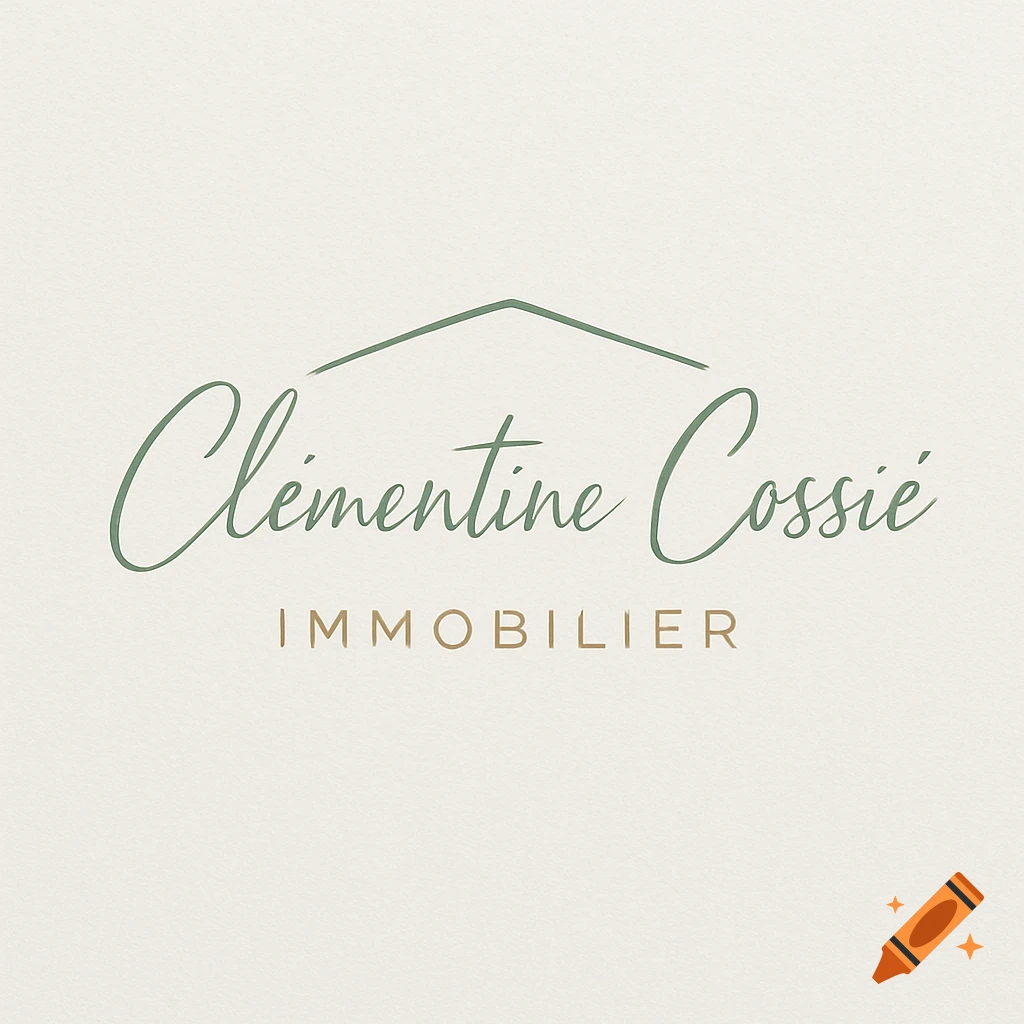 Minimalist real estate logo with green script text 'Clémentine Cossié' and brown uppercase 'IMMOBILIER' under a house outline.