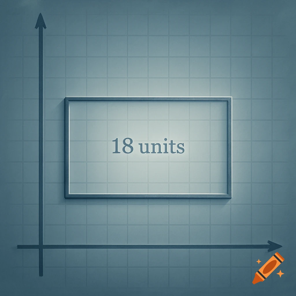 A rectangle labeled '18 units' is displayed on a light blue grid background with an x and y axis.