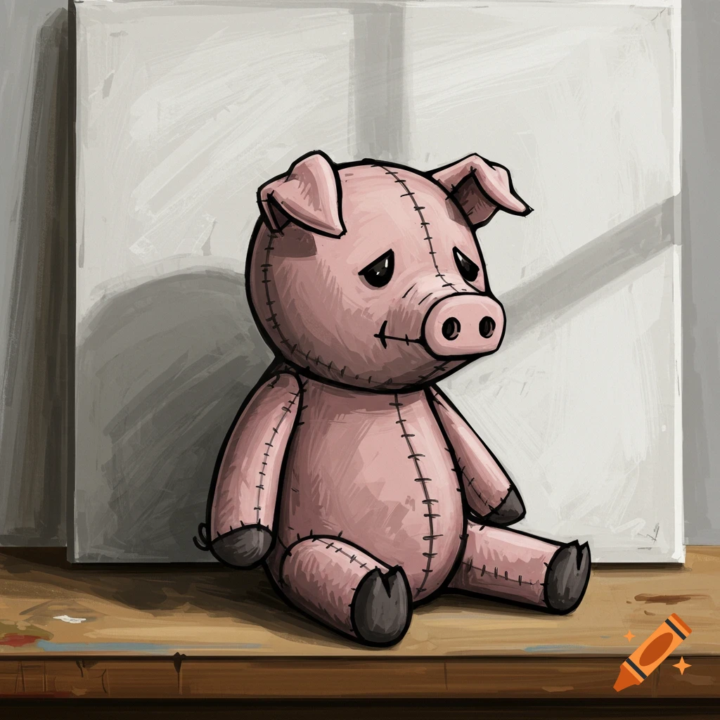 A sad pink stuffed pig with visible stitching sits on a wooden surface in the style of Bernard Buffet.
