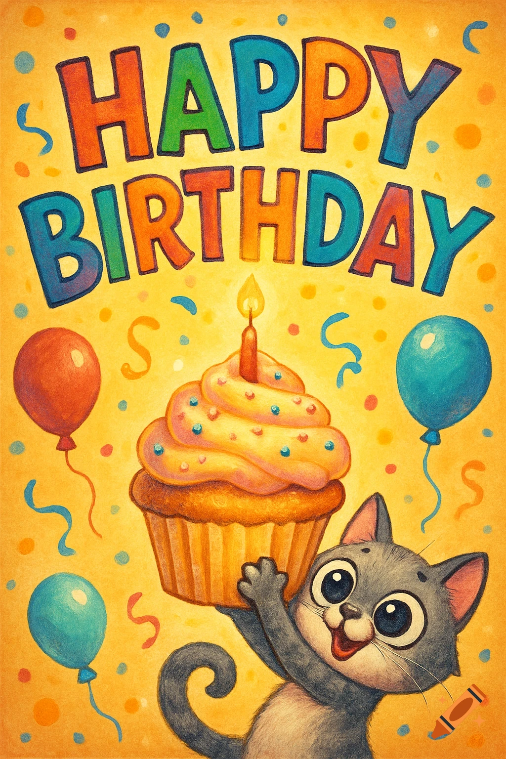 A cute cartoon cat holds a cupcake with a lit candle under colorful "Happy Birthday" text and balloons on a yellow background.