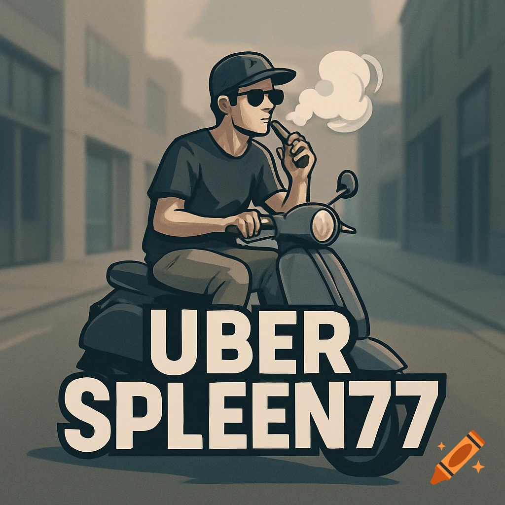 Stylized illustration of a man on a scooter vaping, with a 'UBER SPLEEN77' logo.