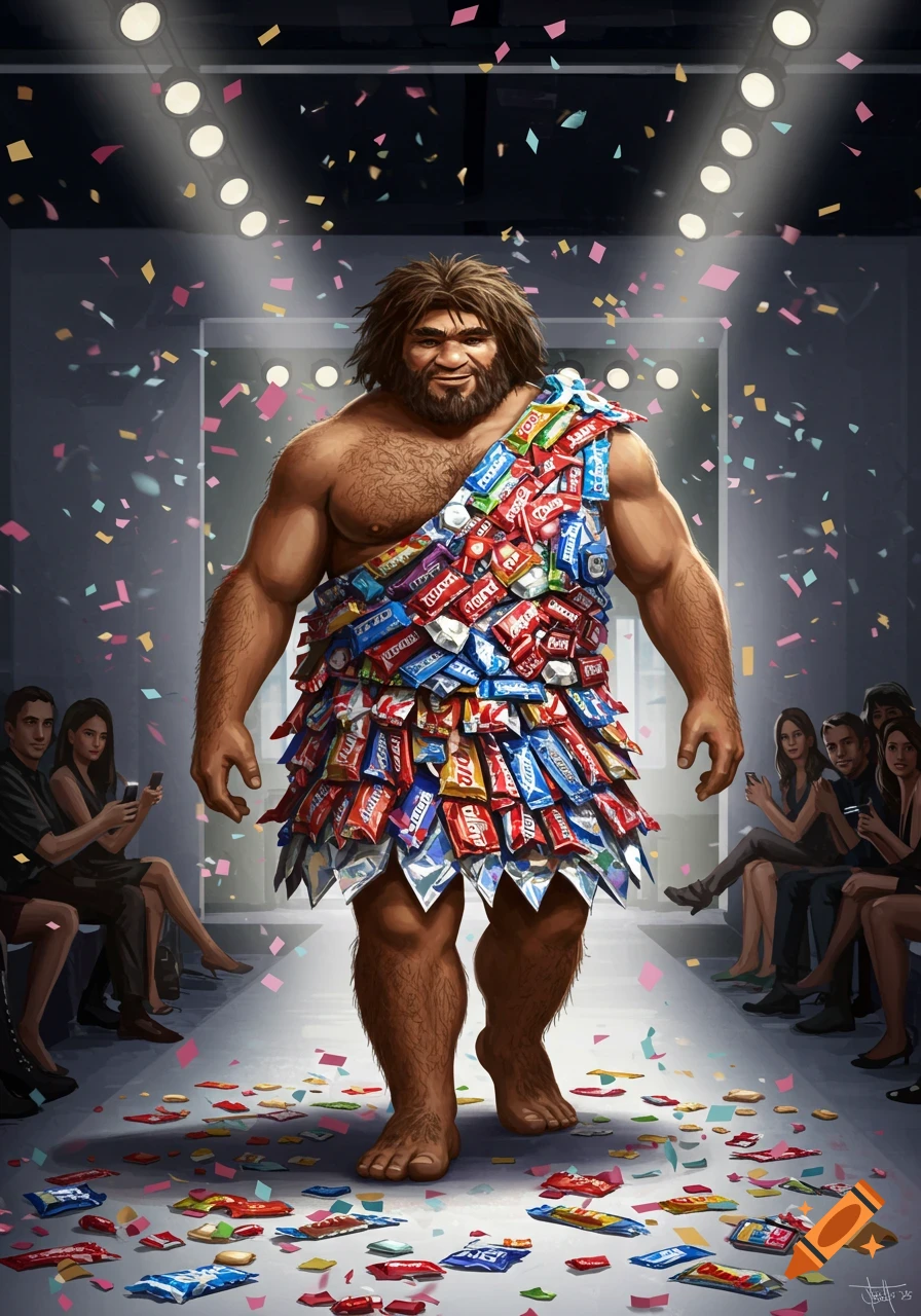 A muscular caveman with a beard walks a runway wearing a dress made of colorful candy wrappers, as confetti falls around him and an audience watches.