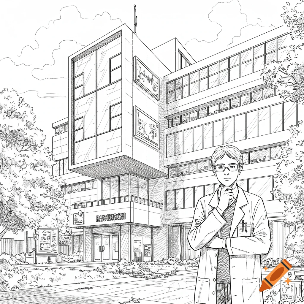 Line drawing of a thoughtful male researcher in a lab coat standing in front of a modern research building with "RESEARCH" clearly visible on its facade.