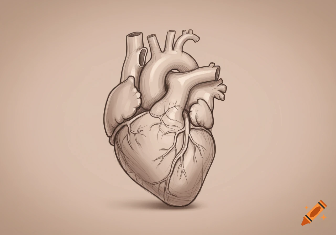 An anatomical sketch of a human heart with arteries and veins on a light brown background.