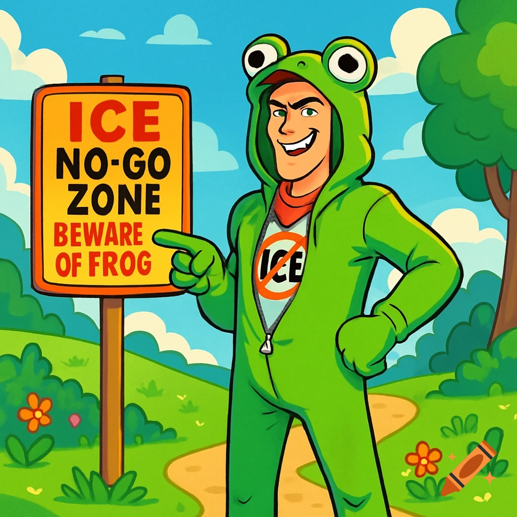 A cartoon man in a green frog costume grins and points at a yellow sign that reads "ICE NO-GO ZONE BEWARE OF FROG" in a park.