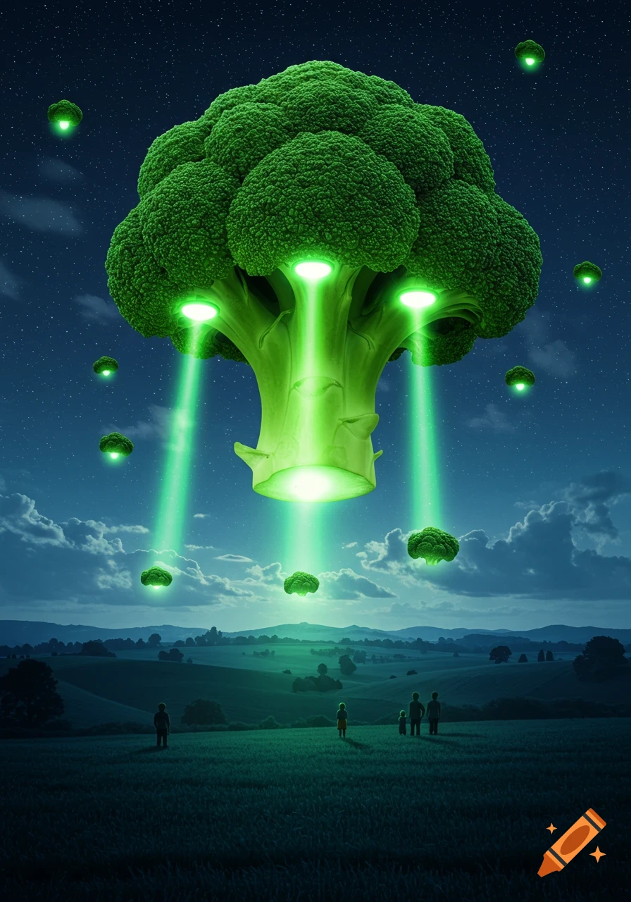 A large broccoli floret UFO mothership hovers over a dark field with smaller broccoli UFOs, as people gaze up at night.