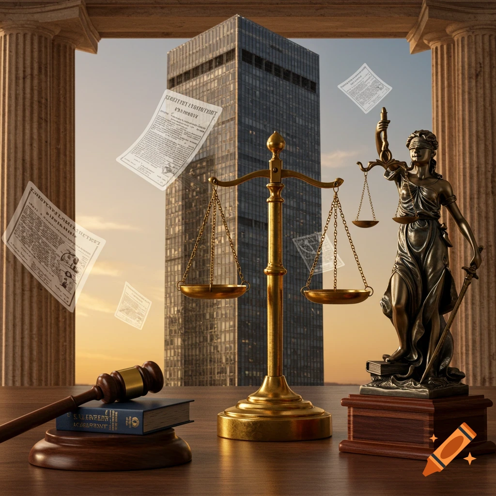 Lady Justice statue, scales, and gavel on a wooden desk with a modern skyscraper and floating legal documents in the background, framed by stone columns.