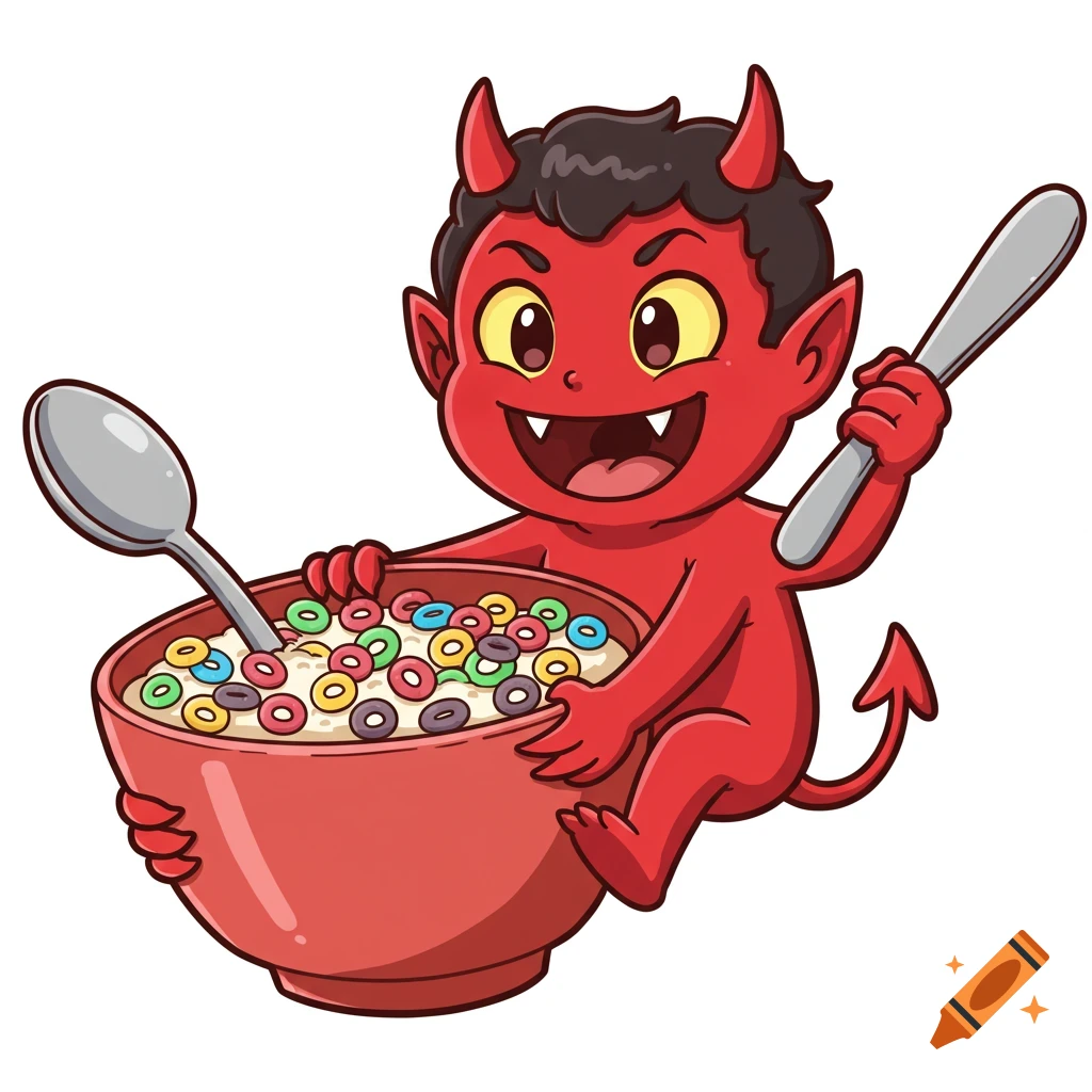 A cute red cartoon devil with horns and a tail grins, holding a large bowl of colorful loop cereal and two spoons.