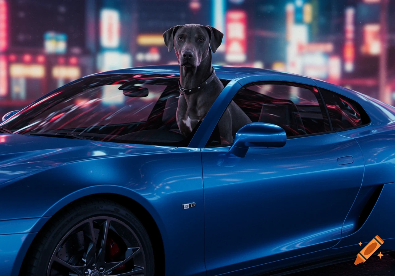 A dark gray dog in a blue sports car, looking forward, with blurred city lights in the background at night.