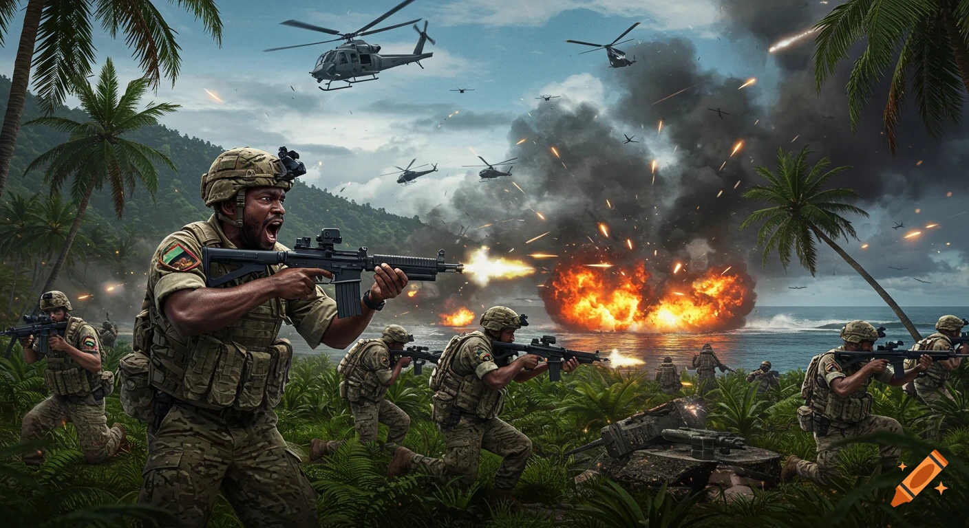 Photorealistic scene of soldiers in tropical camouflage firing rifles on a beach during an intense battle with helicopters overhead and explosions.