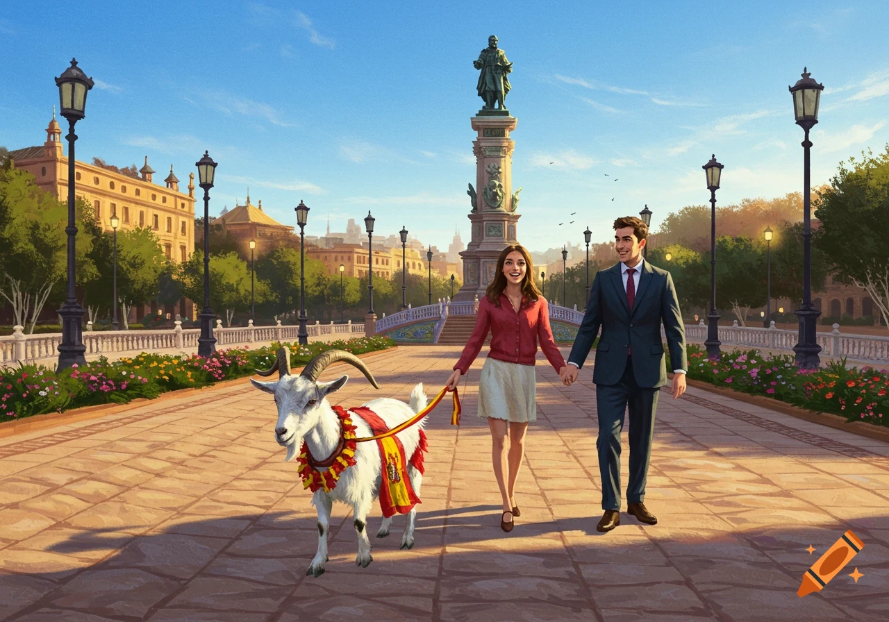 An illustrated couple and their goat with a Spanish flag walk through a sunny Madrid city square with a monument.