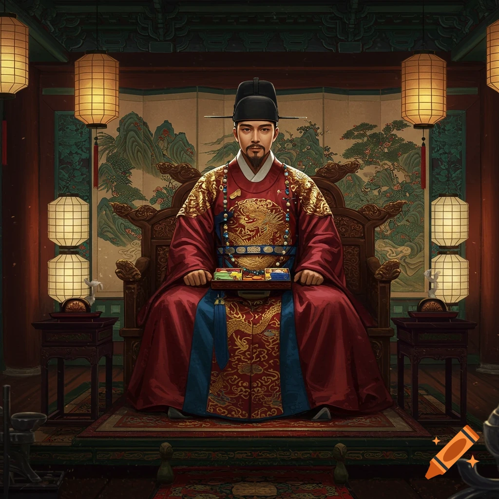 A richly dressed Korean king with a beard sits on a golden throne, holding a decorative box in an ornate room with lanterns.